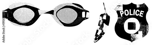Retro halftone swim goggles, police badge emblem, walkie talkie radio, vector, isolated graphic elements, stylized symbols.