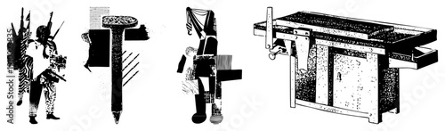Stylized black and white vector illustrations soldier with rifle, nail, dancer in attire, and woodworking bench, all rendered in halftone dot and geometric shapes.