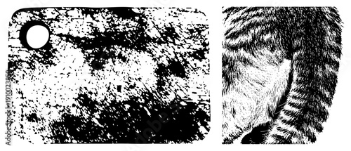 Grunge style lunar terrain with crater and circular hole, alongside detailed animal fur texture, halftone vector art, isolated foreground elements.