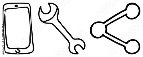 Digital device, repair tool, and sharing symbol, tech maintenance, mobile repair, user interface elements, flat design symbols.