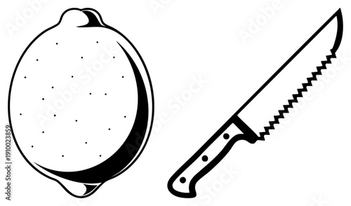 Fresh lemon with textured peel beside serrated knife, citrus cutting tool, kitchen prep, culinary illustration, food ingredient graphic.