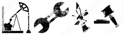 Oil pump jack, wrench, windmill, gavel stylized industrial, halftone texture, flat vector design, isolated symbols for UI or print.