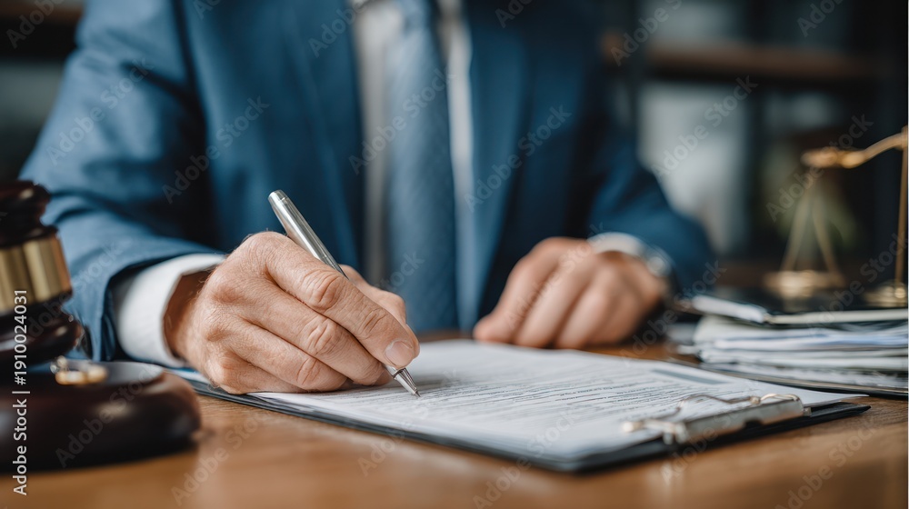 Fototapeta premium Lawyer meticulously drafting legal documents in a professional setting.