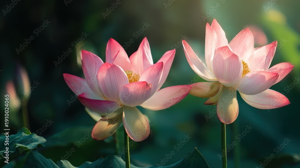 Obraz premium Two Pink Lotus Flowers in Full Bloom with Green Leaves.