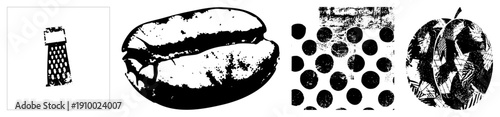 Black and white halftone vector grater, coffee bean, polka dots,. Graphic design elements with textured shading, isolated foregrounds, stylized food and kitchen tools.