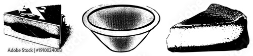 Halftone illustrated slice of cake, bowl, and layered dessert, vector art, food illustration, stylized dessert graphics.