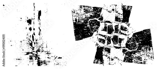 Fragmented abstract shapes with halftone texture, graphic design elements, digital art composition, vector, stylized geometric abstraction.