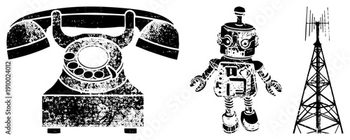 Classic rotary telephone, retro futuristic robot, communication tower all in halftone style, isolated vector graphics for tech or nostalgia themes.