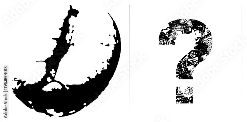 Black vector silhouettes of moon and question mark, filled with detailed textures, graphic design elements, minimalist art, conceptual symbols.