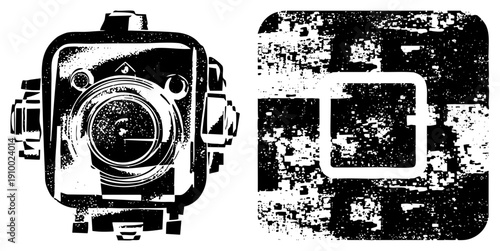 Retro analog camera with grainy halftone effect, film, analog shutter device, vintage camera graphic, vector art.