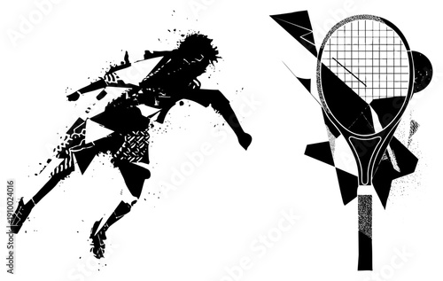 Silhouette of athlete mid swing, abstract geometric shapes, stylized tennis racket, vector art, sport illustration, black and white graphic.