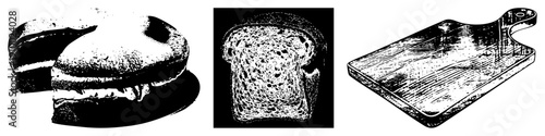 Black and white halftone graphic of sandwich, bread slice, and cutting board, food illustration, kitchen tools, rustic dining, culinary art.