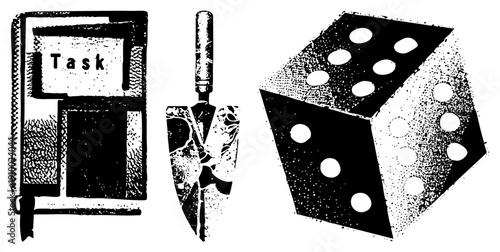 Black and white halftone graphic of task notebook, trowel, and dice, vector art, isolated elements, construction and gaming symbols, stylized textures.