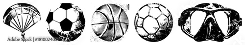 Retro styled sports equipment including parachute, soccer balls, basketball, and scuba mask, rendered in halftone with distressed texture, ideal for athletic branding or graphic design.