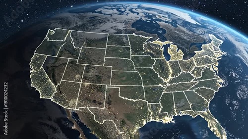 Detailed map of the United States with illuminated city lights at night