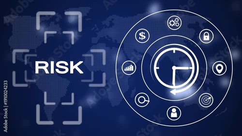 Digital abstract representation of global risk management with a map, clock, and financial symbolizing strategy and analysis on a dark blue background