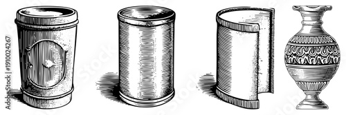 Hand drawn antique jars, ornate vase, cylindrical canisters, traditional, engraved, vintage storage, decorative ceramics, historical artifacts.