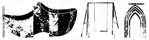 Three stylized forms curved vessel, swing set, window rendered in high contrast black with speckled texture, vector art, isolated elements.