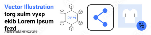 Blockchain, DeFi technology, cryptocurrency, online sharing, digital marketing, e-commerce. Decentralized finance network, shared data icon shopping discount graphic. Blockchain and DeFi concept