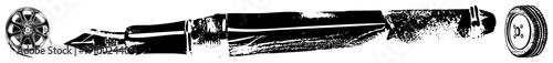 Classic writing instrument with nib and cap, paired with film reel and tire symbols, stylized black and white vector art, isolated graphic elements.