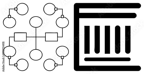 Flowchart style vector graphic with interconnected circles and boxes, minimalist tech schematic, digital architecture layout, system mapping visualization.