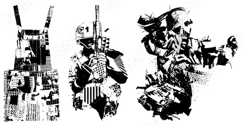 Combat ready soldier holding rifle, helmeted figure, tactical vest, urban warfare, stencil art, black and white graphic, vector illustration.