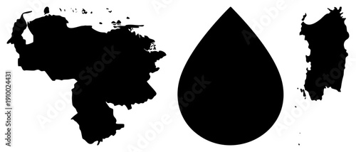 Vector map of Venezuela and Taiwan, isolated black shapes, water droplet symbol, minimalist geography, flat design, political cartography, island nation.