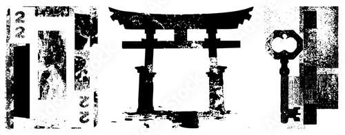 Stylized black silhouettes of torii shrine gate, ornate key, and grungy playing cards with number 2, textured halftone effect, vector graphic.