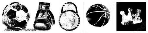 Retro soccer ball, boxing gloves, kettlebell, basketball, crown all rendered in gritty halftone style, ideal for athletic branding or vintage design projects.