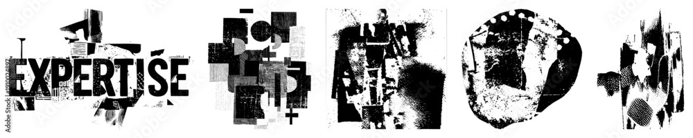 Obraz premium Fragmented typographic art using halftone, abstract geometric forms, and bold lettering, ideal for modern graphic design, posters, or layouts.