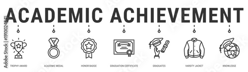 Academic Achievement web banner icon vector illustration with Trophy Award, Academic Medal, Honor Badge, Graduation Certificate, Graduates and Varsity Jacket