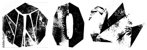 Stylized numeric and letter forms with fragmented, gritty texture, angular vector shapes, modern graphic design, isolated typography elements.