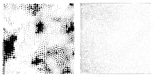 Black dot clusters forming organic shapes against sparse background, halftone gradient, vector art, isolated graphic, digital texture, minimalist design.