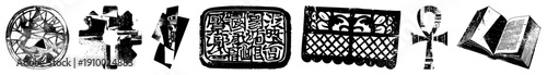 Set of stylized ancient motifs including compass rose,, ankh, and ornate seals, rendered in vector style with sharp and symbolic geometry.