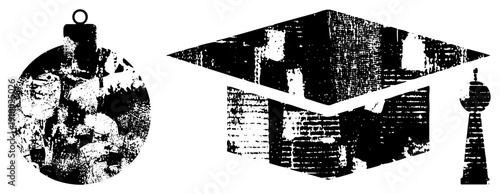 Black and white halftone graduation cap, academic symbol, festive ornament, educational, vector graphic, isolated design, academic achievement.