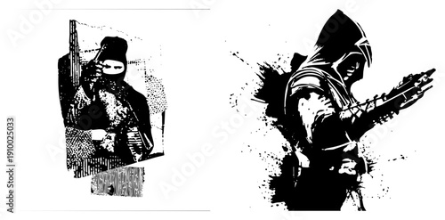 Hooded assassin wielding hidden blade, stealthy figure,, shadow warrior, black and white halftone graphic, urban infiltration.