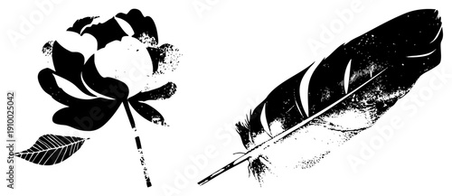 Artistic peony bloom with textured petals and leaf, paired with detailed feather graphic, both rendered in bold silhouette style with halftone grain effect.