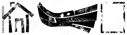 Fragmented black shapes with textured grain, stylized forms, graphic design elements, vector art, isolated, halftone inspired.