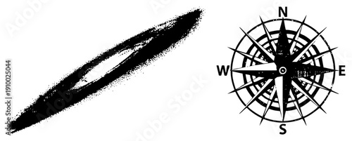 Artistic ink brushstroke graphic paired with classic compass rose, directional navigation symbol, vintage cartography element, vector design.