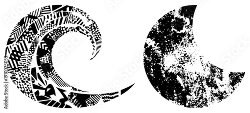 Stylized wave with tribal, moon with textured grain, black and white vector art, graphic design elements, isolated shapes.