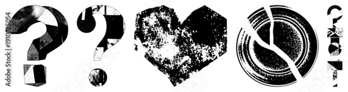 Fragmented question marks, broken heart, cracked circle, and stylized text with distressed texture, vector art, graphic design elements, halftone, glitch aesthetic.