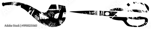 Black and white vector cutout of smoking pipe and scissors, distressed graphic style, isolated, stylized tools, design.