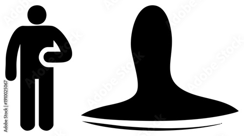 Simplified human figure pointing at stylized form, minimalist, graphic symbol, flat design, directional gesture, abstract shape, user interface element.