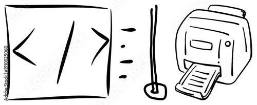 Digital symbols, command interface, vintage printer, minimalist tech, vector art, developer tools, software development.