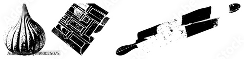 Graphic of fig, chocolate bar, rolling pin in halftone style, food illustration, kitchen tools, dessert elements, design.