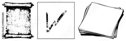 Grunge style parchment scroll, textured checkmark, stacked paper pile minimalist vector set for design projects. Also known as parchment scroll, paper stack graphic.