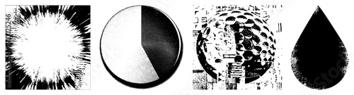 Black and white vector art featuring explosive burst, pie chart, textured sphere, and water droplet, all rendered in halftone and glyph styles.