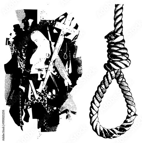 Black and white halftone depiction of noose rope and execution silhouette, grim execution scene, death penalty, stark graphic art, protest symbol, judicial horror, condemned figure.