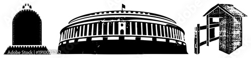 Black and white vector of historical structures, including domed building, ancient amphitheater with flag, rustic wooden shed with fence, stylized art.