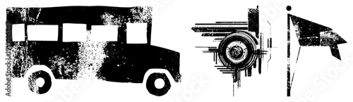 Stylized school bus silhouette, industrial gear wheel, waving flag, all rendered in gritty black and white vector art with distressed texture. Perfect for retro branding or mechanical themes.